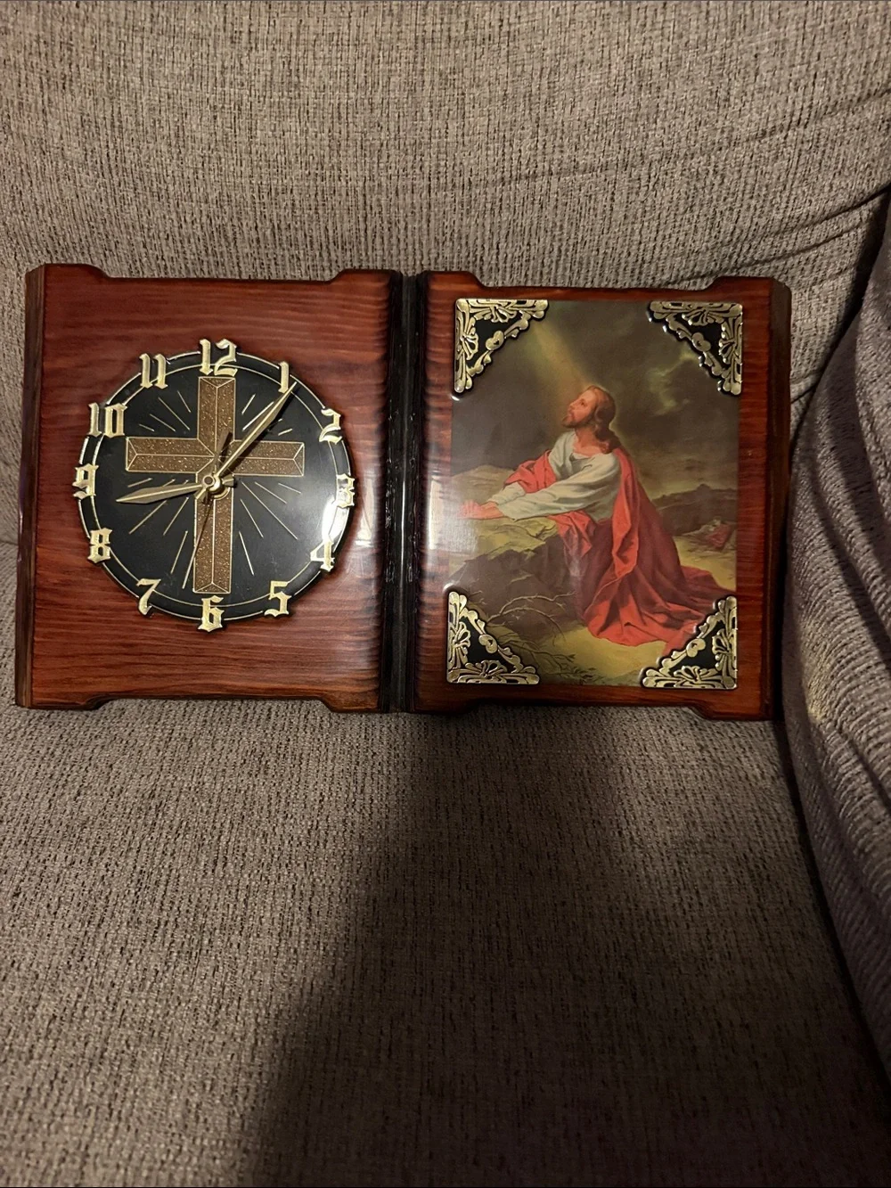 Gorgeous Vintage Religious Wall Clock Plaque in Brown with Gold Accents